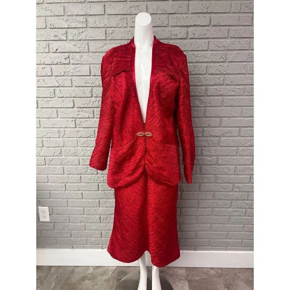 Ben Marc Women Red Textured Embellishment Skirt Suit Size 14